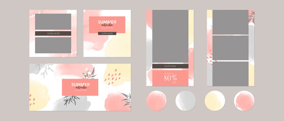 abstract Instagram story post background template. Facebook social media cover banner. floral spring or summer layout in pink yellow color. for beauty, food, wedding, make up, skin care, sale, fashion