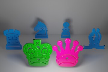 Colorful chess figures. Chess figures glows and shadows. Chess pieces on a white background. 3D...