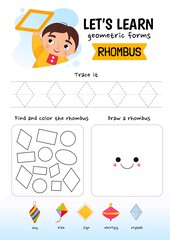 Handwriting practice sheet. Basic writing. Educational game for children. Learning basic geometric shapes. Rhombus.
