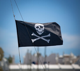 close up of a pirate flag on a sail boat
