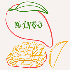 Mango line art hand-drawn multicolor modern vector illustration. Colorful line art exotic fruit design.