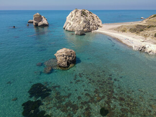 Drone view at Aphrodite's rock and beach in Cyprus