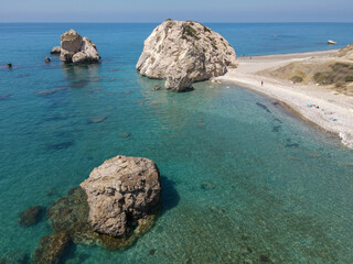 Drone view at Aphrodite's rock and beach in Cyprus