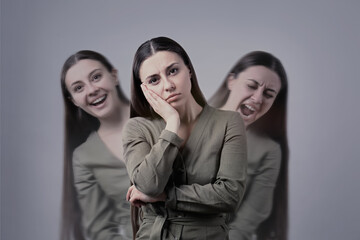 Woman with personality disorder on light background, multiple exposure - obrazy, fototapety, plakaty
