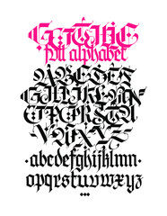 Gothic alphabet. Vector. Contemporary Gothic. Black calligraphic letters on a white background. All letters are stored separately. Medieval Latin letters. Uppercase and lowercase letters for tattoo.