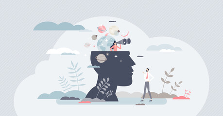 Mindfulness as mental mind practice for inner balance tiny person concept. Connection with universe as consciousness to moment, appreciation and gratitude vector illustration. Be present in harmony.