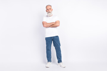 Full length photo of serious calm attractive old grandfather hold arms crossed isolated on grey color background
