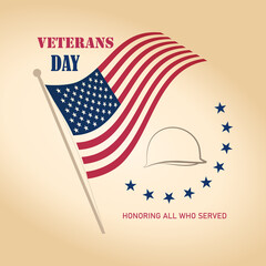Vector illustration dedicated to veterans day in the USA on a beige gradient background. Flag and soldier's helmet. Poster, banner, sign.