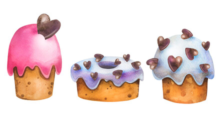 Cute watercolor confectionery set with Easter, birthday cakes, desserts in cafe menu.