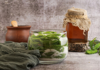Obraz premium Young shoots of spruce and oil,and tincture in a ceramic dish.Ecological preparations.