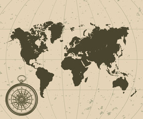Old globe map and vintage compass, vector illustration