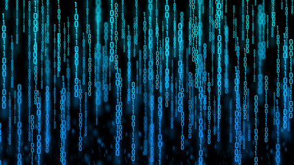 Abstract blue binary code on a black background.
