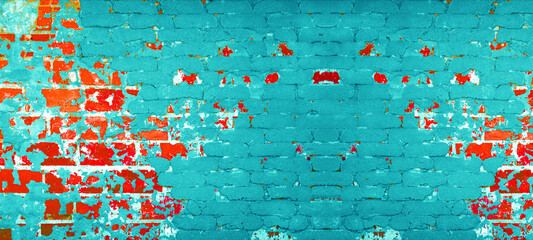 Abstract green turquoise red complementary colors damaged aged old weathered rustic brick wall...