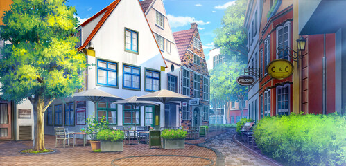 2D Illustration of Schnoor at the Daytime, Anime background.