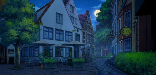 Fototapeta premium 2D Illustration of Schnoor at the Midnight, Anime background