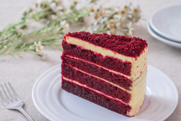 Red velvet cake on white plate