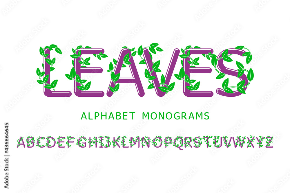 Fototapete floral style alphabet of letters with a branch and leaves. beautiful display font. set of decorative