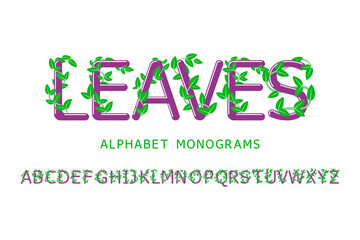 Floral style alphabet of letters with a branch and leaves. Beautiful display font. Set of decorative monograms.