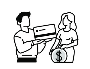 Outline icon of man and woman with credit card and coin. Investments, donations and loans. Lend cash. The need for money. Vector. The image is isolated on a white background.
