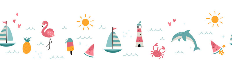 Lovely hand drawn summer seamless pattern, cute doodles, beach background, great for textiles, swimwear, wrapping, banners, wallpapers - vector design