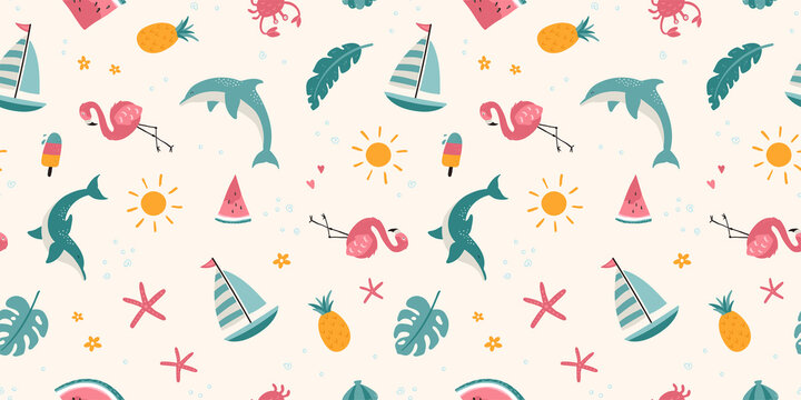 Lovely hand drawn summer seamless pattern, cute doodles, beach background, great for textiles, swimwear, wrapping, banners, wallpapers - vector design