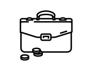 Briefcase outline icon with coins. Investments and loans. Trading on the stock exchange. Investment portfolio. Vector. The image is isolated on a white background.