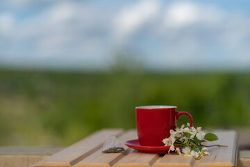 a disposable tea bag next to a red mug and a blossoming apple tree branch on a wooden table