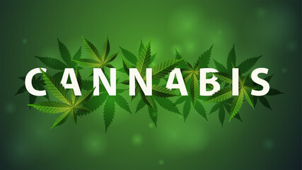Cannabis, logo, sign, symbol. 3D title decorated with cannabis leafs
