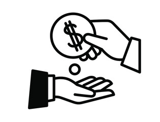 Outline icon of hands and dollar coins. Investments, donations and loans. Lend cash. The need for money. Vector. The image is isolated on a white background.