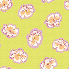 Vector Beautiful Summer Wild Roses in Pastel Orange on Lemon Lime Green Dots seamless pattern background. Perfect for fabric, wallpaper and scrapbooking projects.