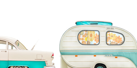 Retro classic car and seventies caravan with flower curtains in two-tone white with green isolated on white