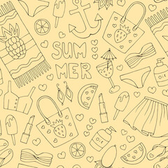 JPEG seamless pattern brown lines cute icons. Signs summer fashion beachwear and accessories. Collection Summer fresh elements summer holiday party. Set collection for design print t-shirt, fabric