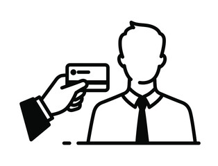Outline icon of businessman and debit card. Investments and loans. To lend, bank transfer. Vector. The image is isolated on a white background.