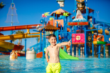 Naklejka premium Happy little boy in pool at aqua park