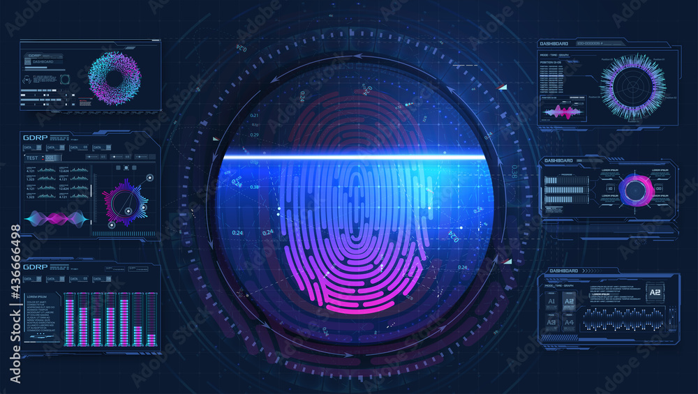 Leinwandbilder Futuristic technology UI screen. HUD, FUI, GUI. Fingerprint scanning. Digital authentication, checked identity verification thumbprint, biometric reader technology. Recognition indicators. Vector