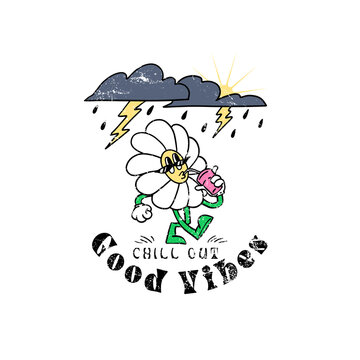 Chill out Good vibes slogan with chamomile flower character. Hippie style groovy vibes