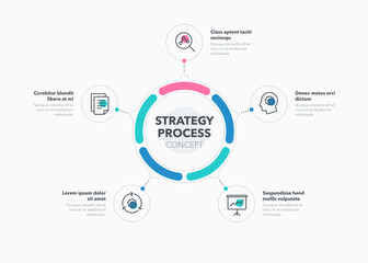 Simple concept for strategy process diagram with five steps and place for your description. Flat infographic design template for website or presentation.