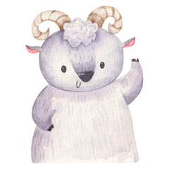 cute cartoon ram, kids watercolor illustration, print, design