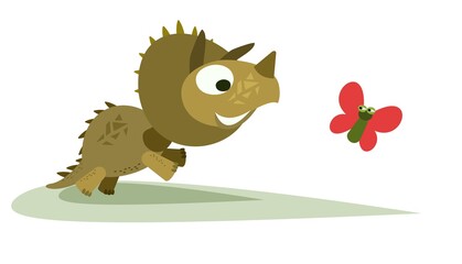 Baby dinosaur playing with a butterfly. The isolated object on a white background. Cheerful kind animal child. Cartoons flat style. Prehistoric reptile. Illustration vector