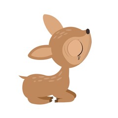 A little baby fawn without horns. Isolated object on a white background. Cheerful kind animal child. Cartoons flat style. Funny. Vector