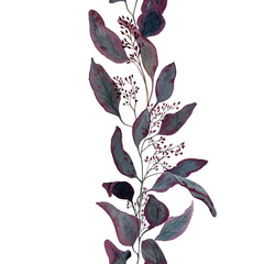 Watercolor hand drawn seamless border of red eucalyptus with seeds. Decorative botany illustration. Design for packaging, wallpaper, greeting cards, invitations, anniversary, jubilee.
