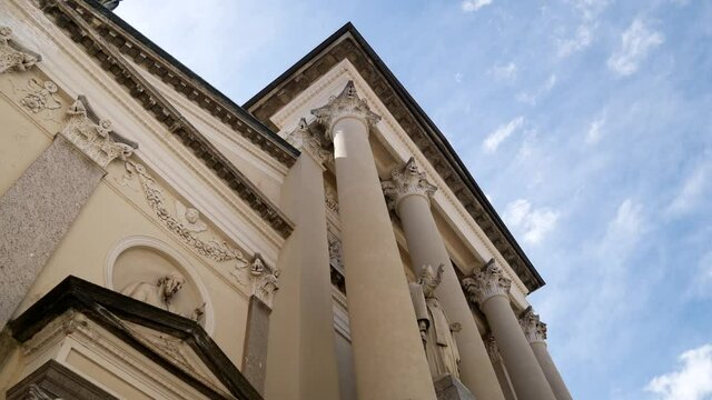 Ivrea, Piemonte. Italy. 05-28-2021. Low view. Parish of Santa Maria Assunta. Panning 4K