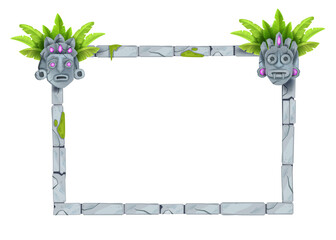 Vector stone frame, jungle old rock border, cartoon game UI design element, tiki mask, exotic leaves. Ancient Aztec cracked ruin illustration isolated on white, maya totem face. Stone frame, moss