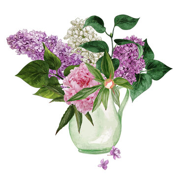 Watercolor lilac flowers and leaves.