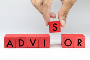 colored cubes with the letter advisor and a hand holding the letter S