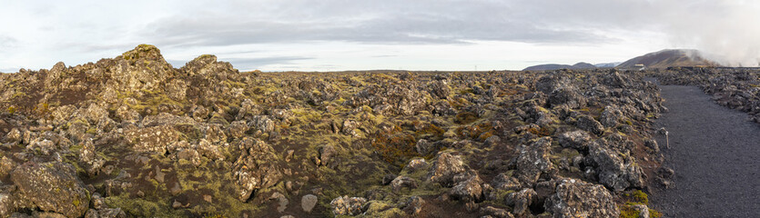 Views of moss covered lava fields and milky blue waters near the Blue Lagoon, Iceland
