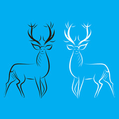 Hand-drawn red deer males. Cervus black and white contour silhouettes. Animals with large horns. Side view. Wildlife poster. Reindeer logo for hunting club or tourist camp. Hand drawn minimalism style