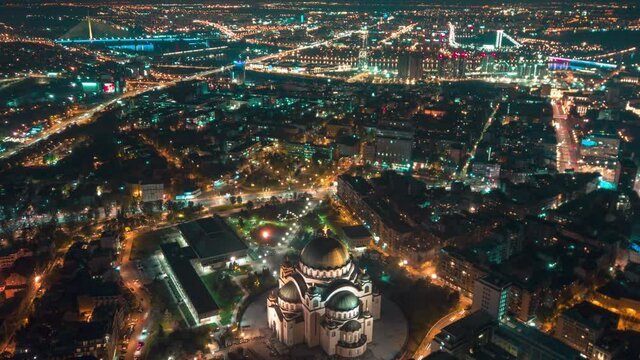 Drone night time lapse of St. Sava temple and rest of Belgrade
