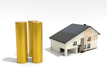 3d illustration. A house with photovoltaic panels and coins arranged in a pile 