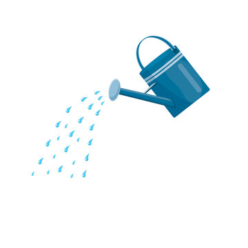Blue watering can with water. Vector illustration of a watering can on white background. 